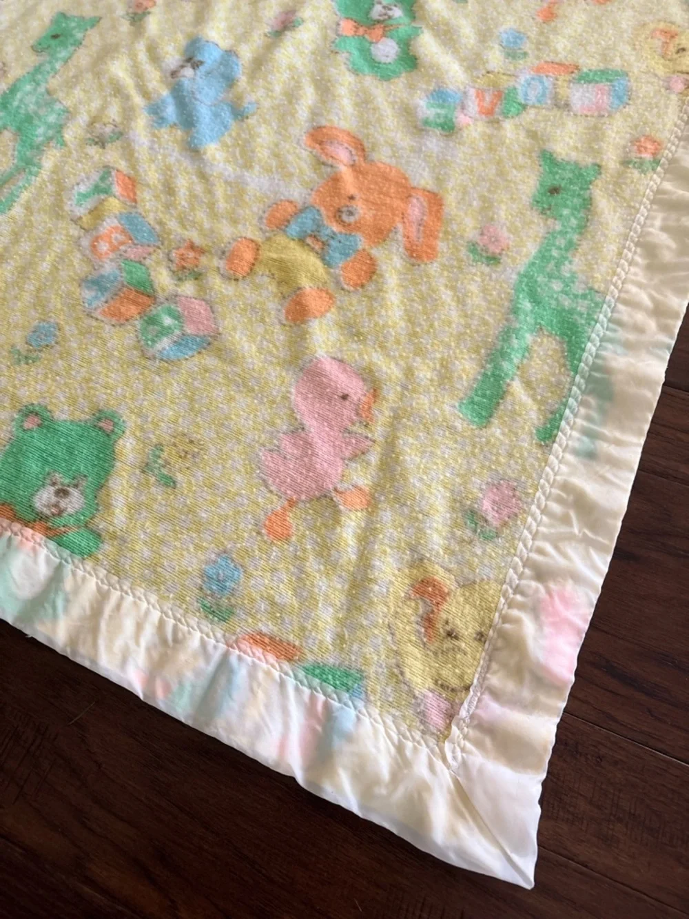 Vintage Pastel Animal Baby Blanket with Satin trim made in USA baby Gordon style